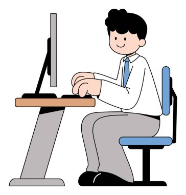 Ofis Çizgi Filminde Bilgisayar üzerine çalışan İşadamı