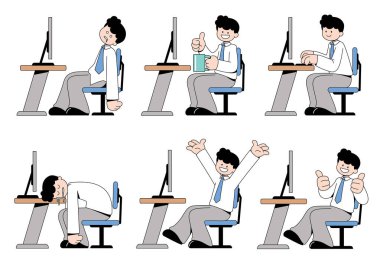 Ofis İşçisi Günlük Duygular ve Eylemler Çizgi Film Vektörü Resmini Ayarladı