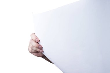 Erkek mimarın elinde beyaz arka planda izole edilmiş planlar var. Mühendis, işçi, mimar ya da iş adamı. Yazı için boş kopyalama alanı