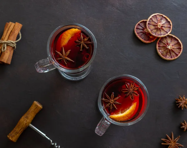 Vinho Amassado Com Canela Laranja Bebida Quente Inverno Receita — Fotografia de Stock