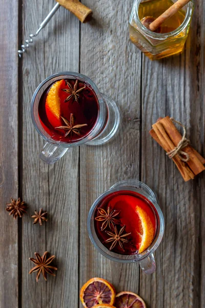 Vinho Amassado Com Canela Laranja Bebida Quente Inverno Receita — Fotografia de Stock