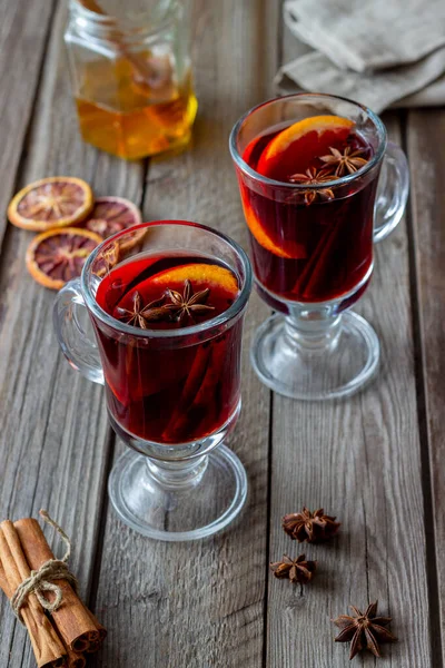 Vinho Amassado Com Canela Laranja Bebida Quente Inverno Receita — Fotografia de Stock