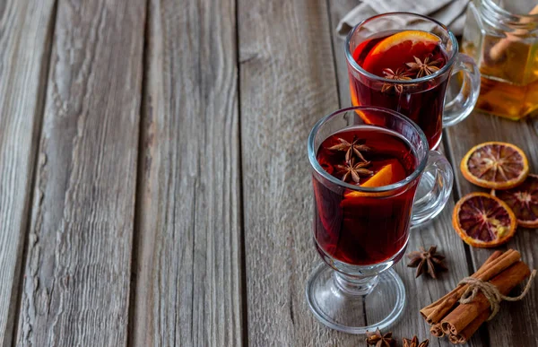 Vinho Amassado Com Canela Laranja Bebida Quente Inverno Receita — Fotografia de Stock