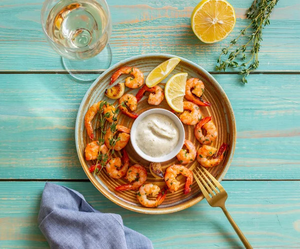 Fried Shrimp Thyme Lemon White Sauce Healthy Eating Diet Sea — Stock Photo, Image