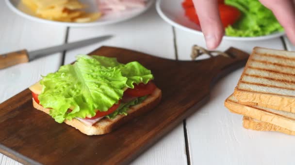 Il processo di preparazione di un panino con insalata, pomodoro, prosciutto e formaggio. Cucina americana. Fast food. Cottura. — Video Stock