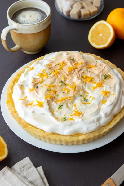 Lemon pie with meringue. Tart. Bakery products Dessert