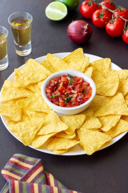 Salsa soslu mısır cipsi. Meksika yemeği. Vejetaryen yemeği.