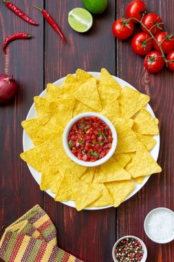 Salsa soslu mısır cipsi. Meksika yemeği. Vejetaryen yemeği.