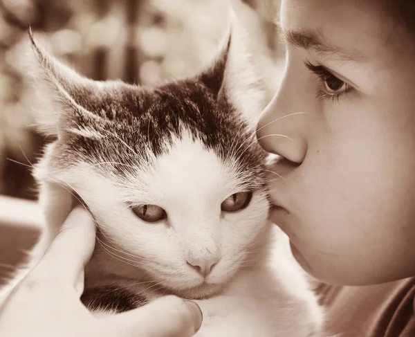 Menino e gato ao ar livre foto — Fotografia de Stock