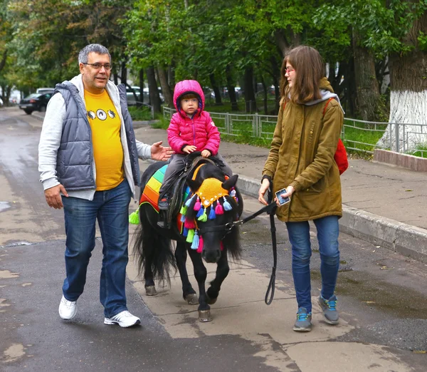 Mała dziewczynka jazda konna koń kucyk w jesienny park fair — Zdjęcie stockowe
