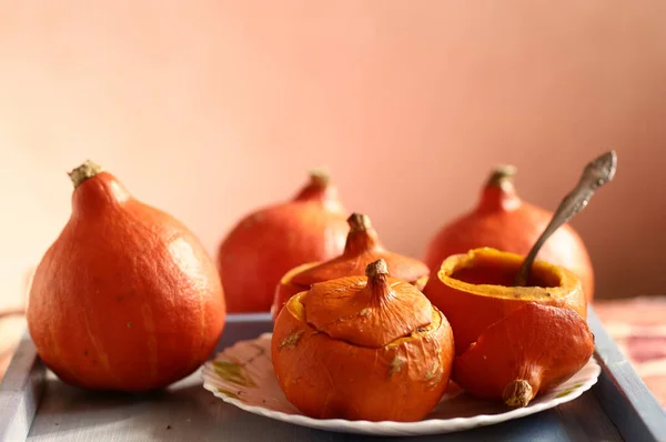 Pequeña Calabaza Naturaleza Muerta Halloween Foto Cerca Imagen de stock