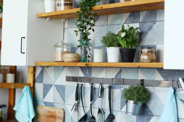 Fragmento de closeup de cozinha com plantas de vaso, utensílios, ervilhas e feijão em recipiente — Fotografia de Stock