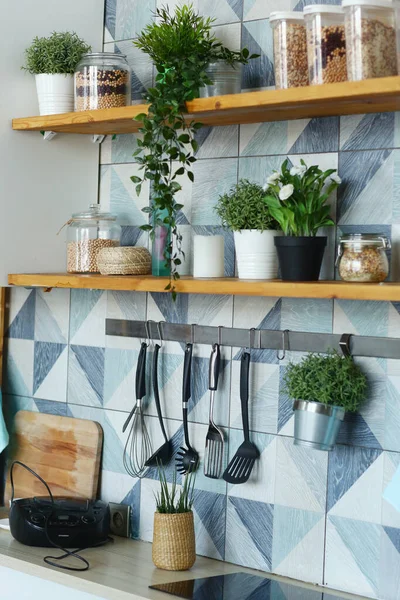 Kitchen closeup fragment with pot plants, utensils, peas and beans in container Royalty Free Stock Images