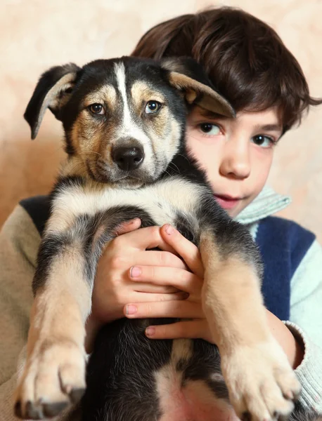 School jongen en zijn kleine pup kijken naar elkaar — Stockfoto