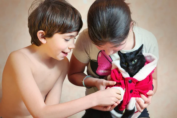 Ondeugende broer en zus kleden kat in santa klaus kostuum — Stockfoto