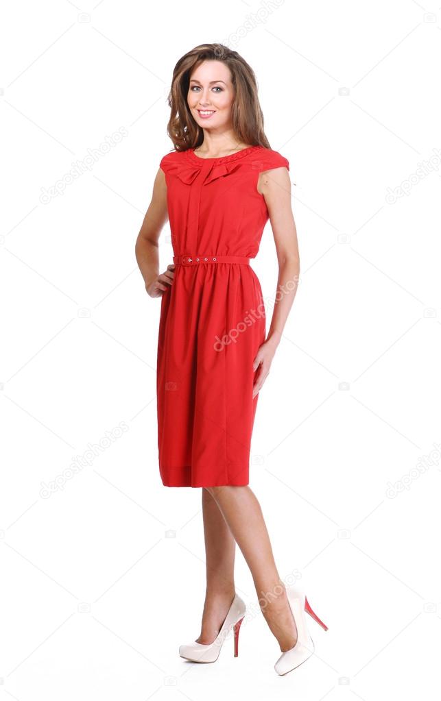 Beautiful Busyness Woman  Fashion Model in summer red dress