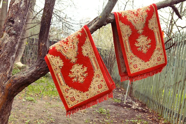 Red persian rugs hanging on the old apple tree for dusting on th — Stock Photo, Image