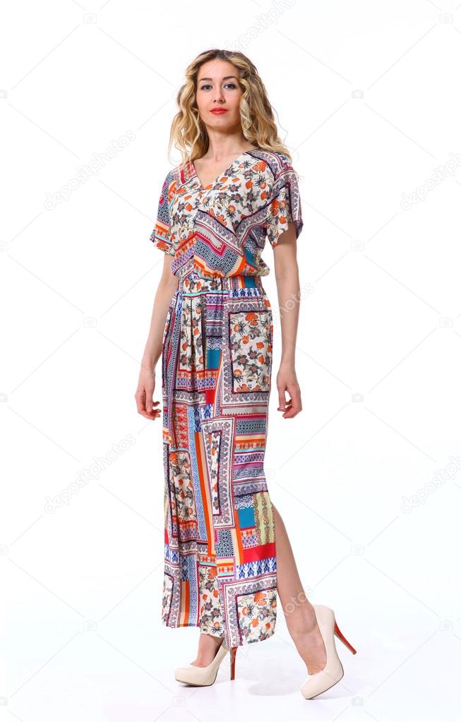 beautiful blond business woman in long floral printed ethnic sum