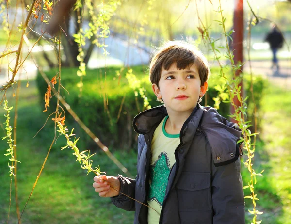 Thoutful portrait of preteen handsome boy on the spring park bac — Stock Photo, Image