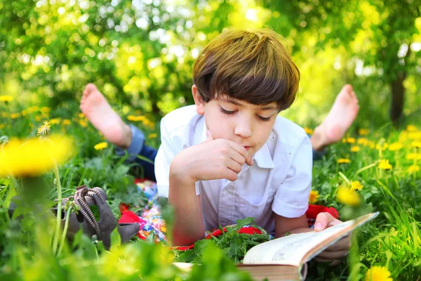 Preteen handsome keen boy red and old book in the summer park wi — Stock Photo, Image