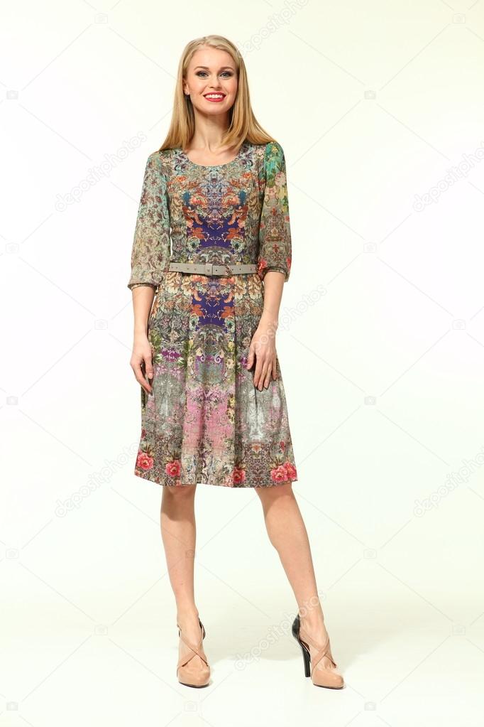 Beautiful Busyness Woman  Fashion Model in floral dress