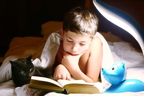 Boy read book with cat before sleeping — Stock Photo, Image