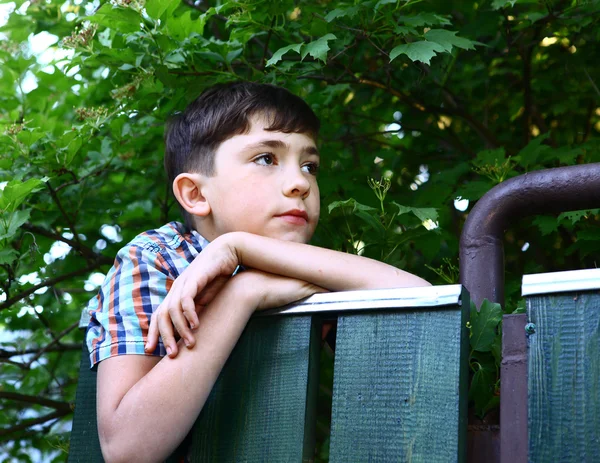 Preteen handsome boy climb village fence — Stock Photo, Image