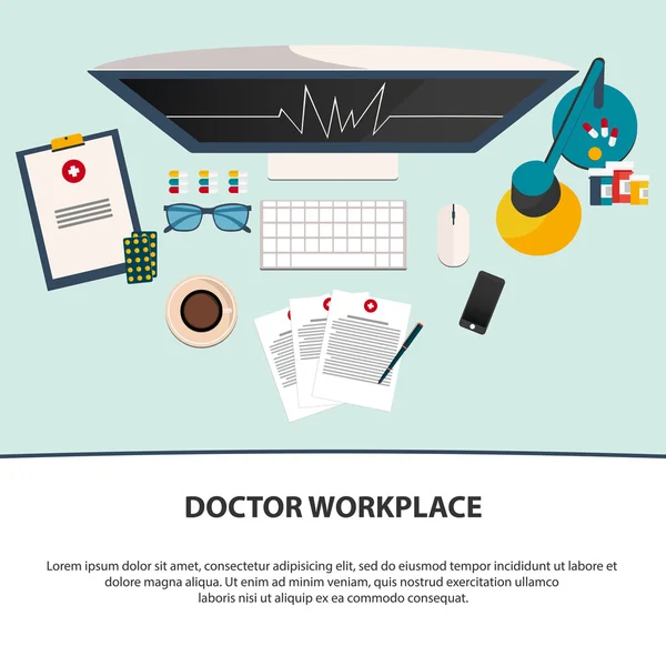 Dottore sul posto di lavoro. Icone medicali in stile flat design. Piatto — Vettoriale Stock