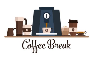 Kahve molası düz tasarım. Fincan seti. Kahve makinesi