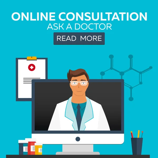 Online lekarz. Konsultacje online. Zapytaj lekarza. Ilustracja medyczny — Wektor stockowy