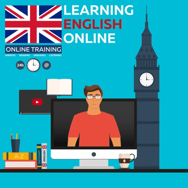Online İngilizce öğrenme. Çevrimiçi eğitim. Uzaktan eğitim. Online Eğitim. Dil kursları, yabancı dil, dil eğitimi — Stok Vektör