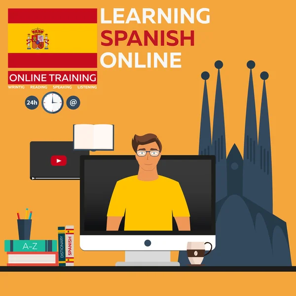 Aprender español en línea. Entrenamiento en línea. Educación a distancia. Educación en línea. Cursos de idiomas, lengua extranjera, tutorial de idiomas — Vector de stock