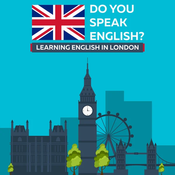 Aprender inglés en Londres. Universidad de Londres. Educación en Inglaterra. Diseño plano — Vector de stock