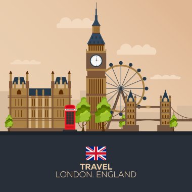 Londra gezisi. Tatil. Yola gidiyoruz. Turizm. Yolculuk. Resimde London city seyahat. Modern düz tasarım. Büyük yasak. İngiltere'de. Londra manzarası