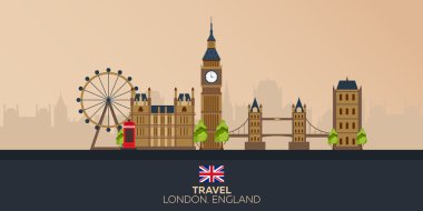 Londra gezisi. Tatil. Yola gidiyoruz. Turizm. Yolculuk. Resimde London city seyahat. Modern düz tasarım. Büyük yasak. İngiltere'de. Londra manzarası