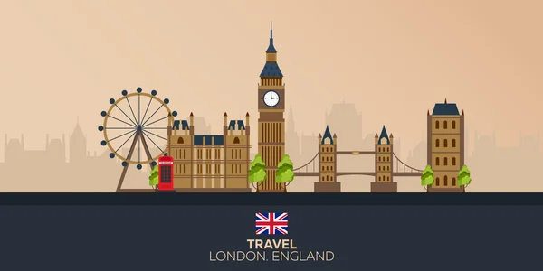 Trip to London. Vacation. Road trip. Tourism. Journey. Travelling illustration London city. Modern flat design. Big Ban. England. London skyline — Stock Vector