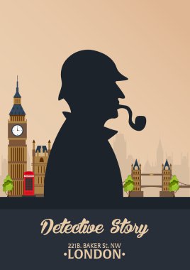 Sherlock Holmes poster. Dedektif illüstrasyon. Resimde Sherlock Holmes ile. 221b Baker Sokağı. Londra. Büyük yasağı