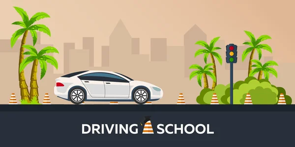 Ilustrație școală de conducere. Maşină. Sity. Auto Education. Regulile drumului. Palm — Vector de stoc