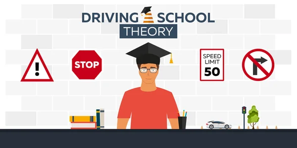 Ilustração da escola de condução. Auto. Educação Automática. As regras da estrada. Teoria —  Vetores de Stock