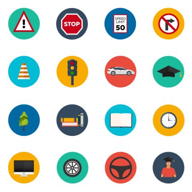 Sürüş Okulu düz Icon set. Otomatik. Otomatik eğitim. Yol kuralları. 