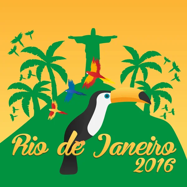 Rio de Jeaneiro Poster. Travel in Brasil. South America. Toucan. Three parrots — Stock Vector