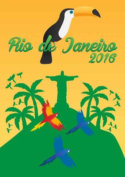 Cartaz do Rio de Jeaneiro. Viajar no Brasil. América do Sul. Toucan. Três papagaios —  Vetores de Stock