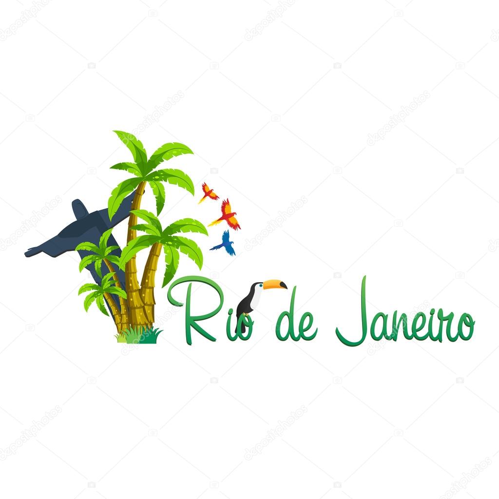 Rio de Jeaneiro logo. Palm logo. Travel in Brasil. South America. Toucan. Three parrots