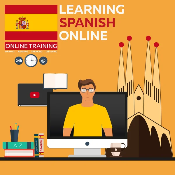 Learning spanyol Online. Online képzés. Távoktatás. Online oktatás. Nyelvtanfolyamok, idegen nyelv, nyelvi konzultáció — Stock Vector