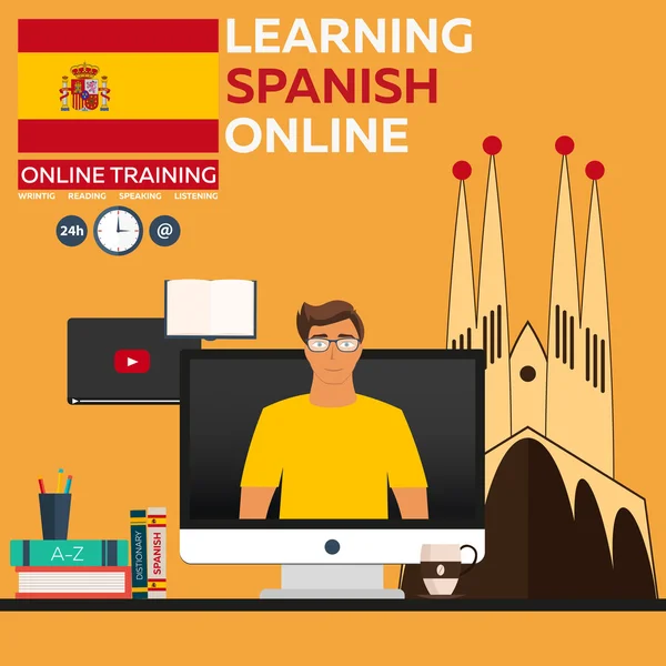 Apprendre l'espagnol en ligne. Formation en ligne. Enseignement à distance. Éducation en ligne. Cours de langue, langue étrangère, tutoriel de langue — Image vectorielle