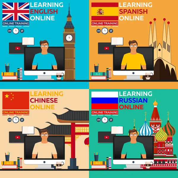 Online dil öğrenme. Rusça, İngilizce langluage, İspanyolca, Çince dil. Çevrimiçi eğitim. Uzaktan eğitim. Online Eğitim. Dil kursları, yabancı dil, dil eğitimi — Stok Vektör