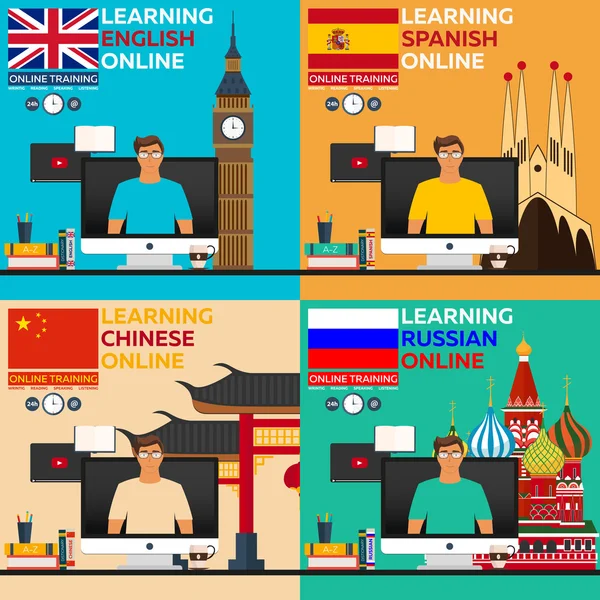 Aprender el idioma en línea. Idioma ruso, Inglés langluage, Español, Chino. Entrenamiento en línea. Educación a distancia. Educación en línea. Cursos de idiomas, lengua extranjera, tutorial de idiomas — Vector de stock