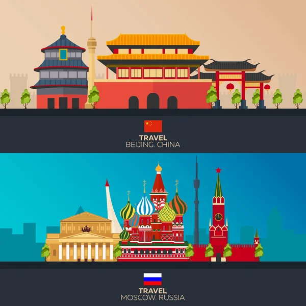 Çin ve Rusya. Turizm. Resimde Pekin şehir ve Moskova seyahat. Modern düz tasarım. Beijing manzarası. Moskova manzarası. Set seyahat illüstrasyon