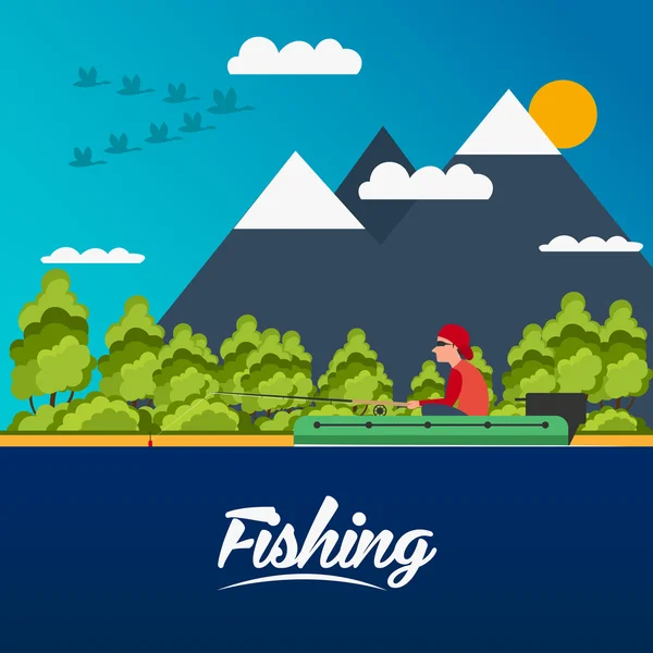 Bandeira de pesca. Conceito de pesca. A pescar no barco. Pescador . —  Vetores de Stock