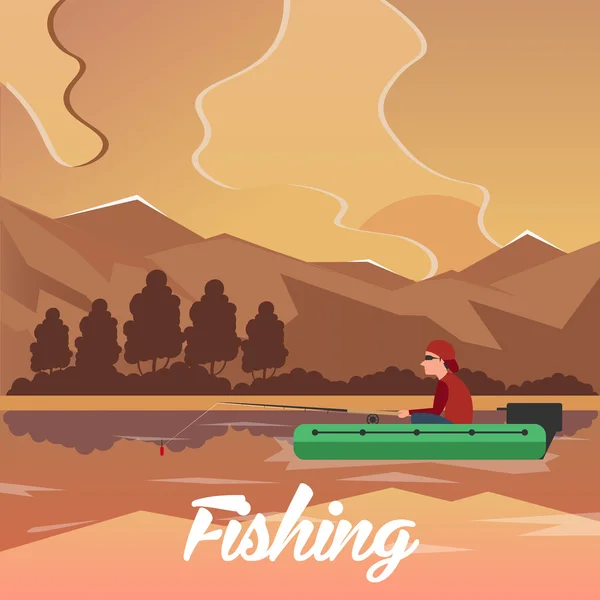 Fischerbanner. Fischereikonzept. Angeln auf dem Boot. Fischer. Angeln bei Sonnenuntergang — Stockvektor